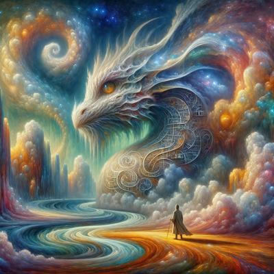 The primary subject of the image is a dragon, which is the main object, scene, or focus of the image. The dragon is depicted in a colorful and vibrant manner, with a mix of blue, green, and orange hues. The dragon is surrounded by a setting that includes a waterfall, a river, and a mountain. The visual style of the image is a combination of digital art and illustration, creating a unique and captivating scene. The overall atmosphere of the image is one of fant